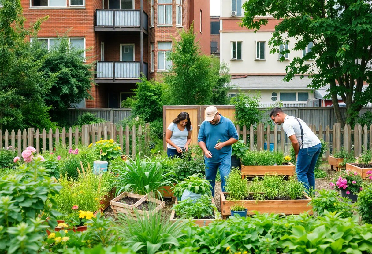 Vecinos trabajando juntos en un huerto urbano