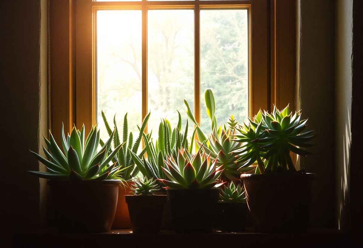 Plantas suculentas recibiendo luz solar en una ventana