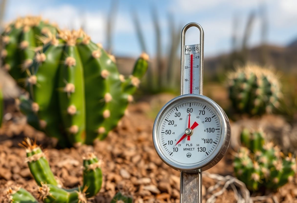 Termómetro cerca de cactus