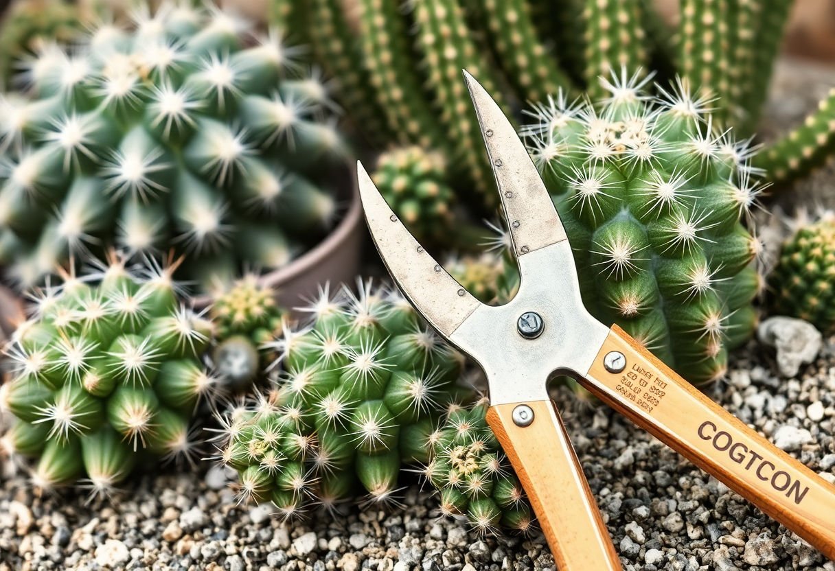 Herramientas de poda junto a cactus