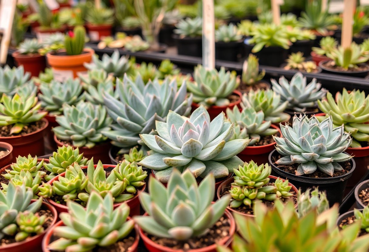 Varias suculentas en un mercado de plantas.