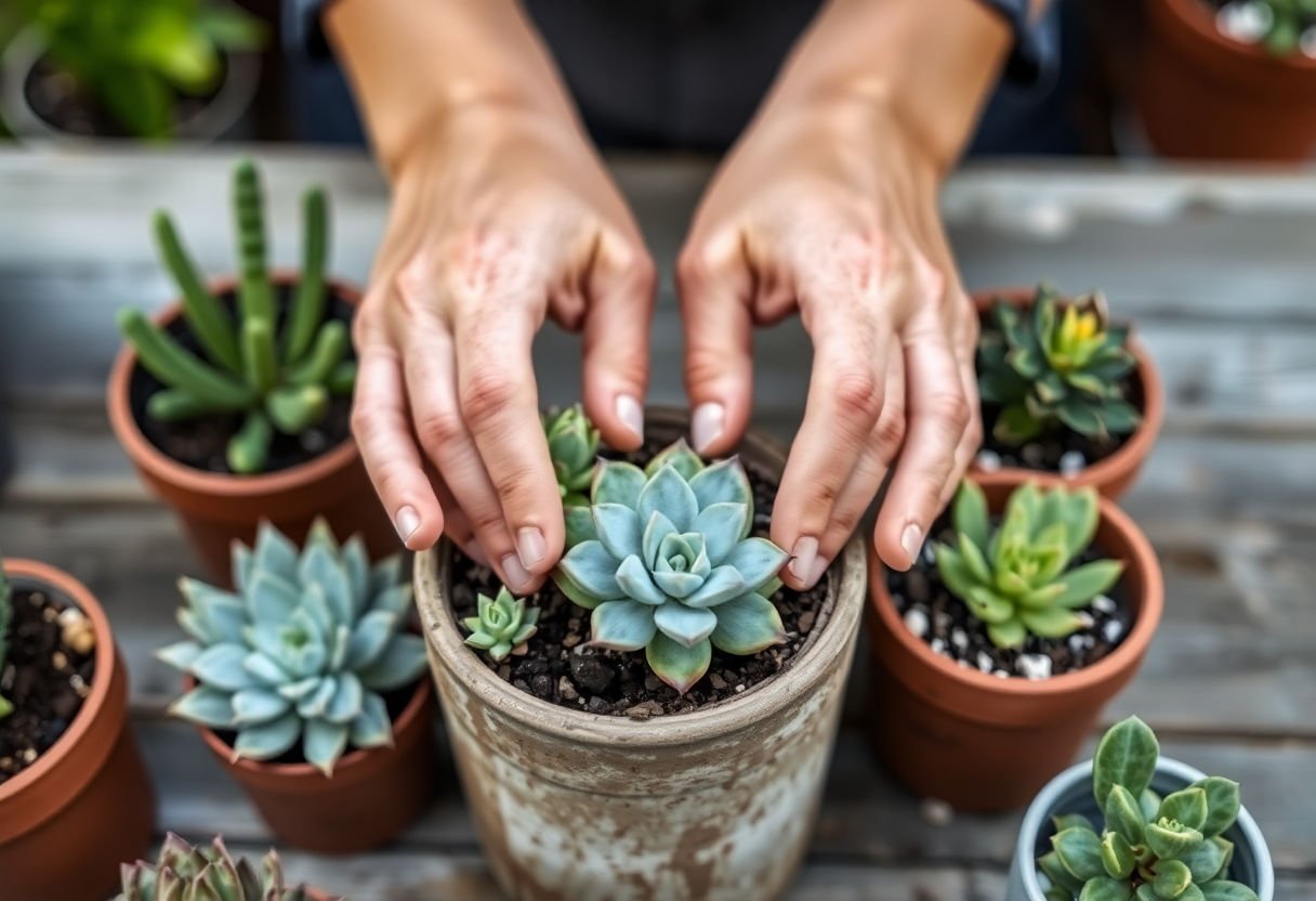 Manos plantando suculentas en macetas