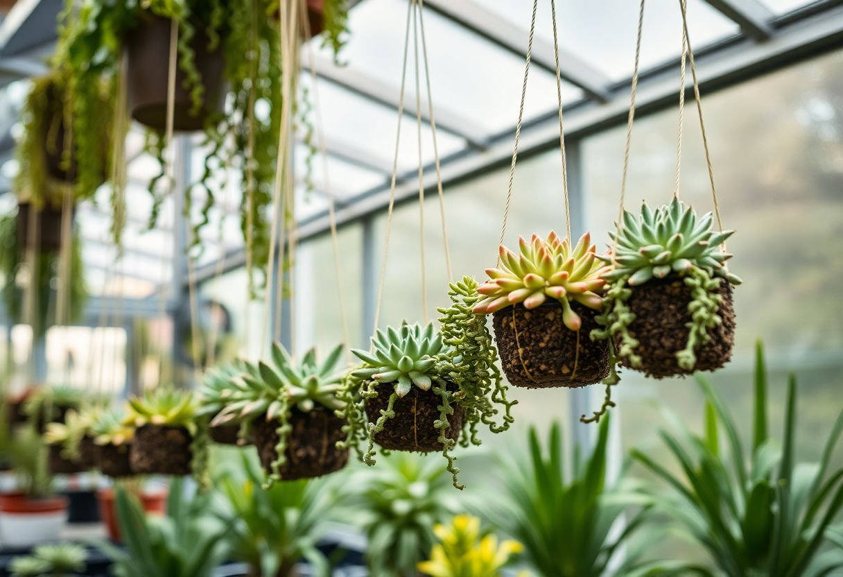 Varias suculentas colgantes en un vivero
