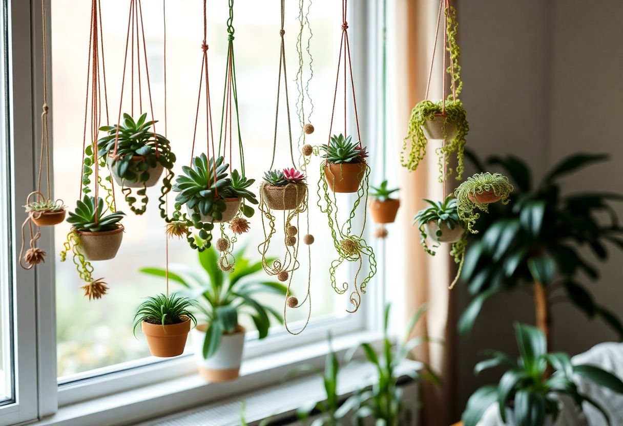 Habitación decorada con suculentas colgantes