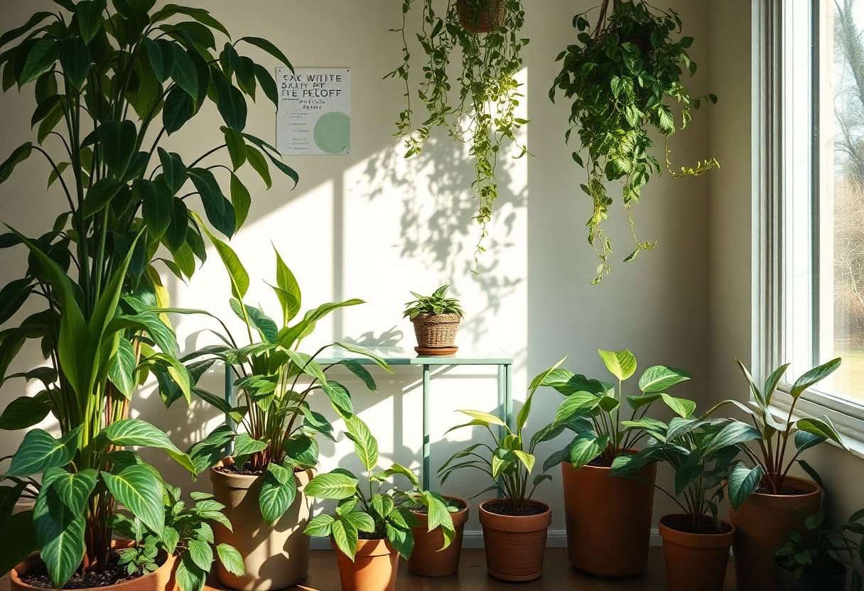 Plantas en una esquina sombreada de una sala