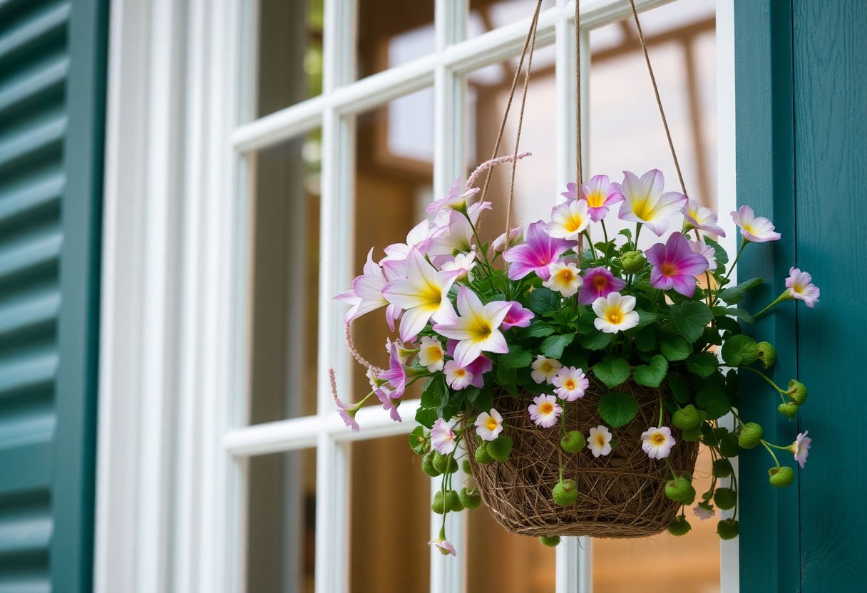 Planta colgante con flores en una ventana