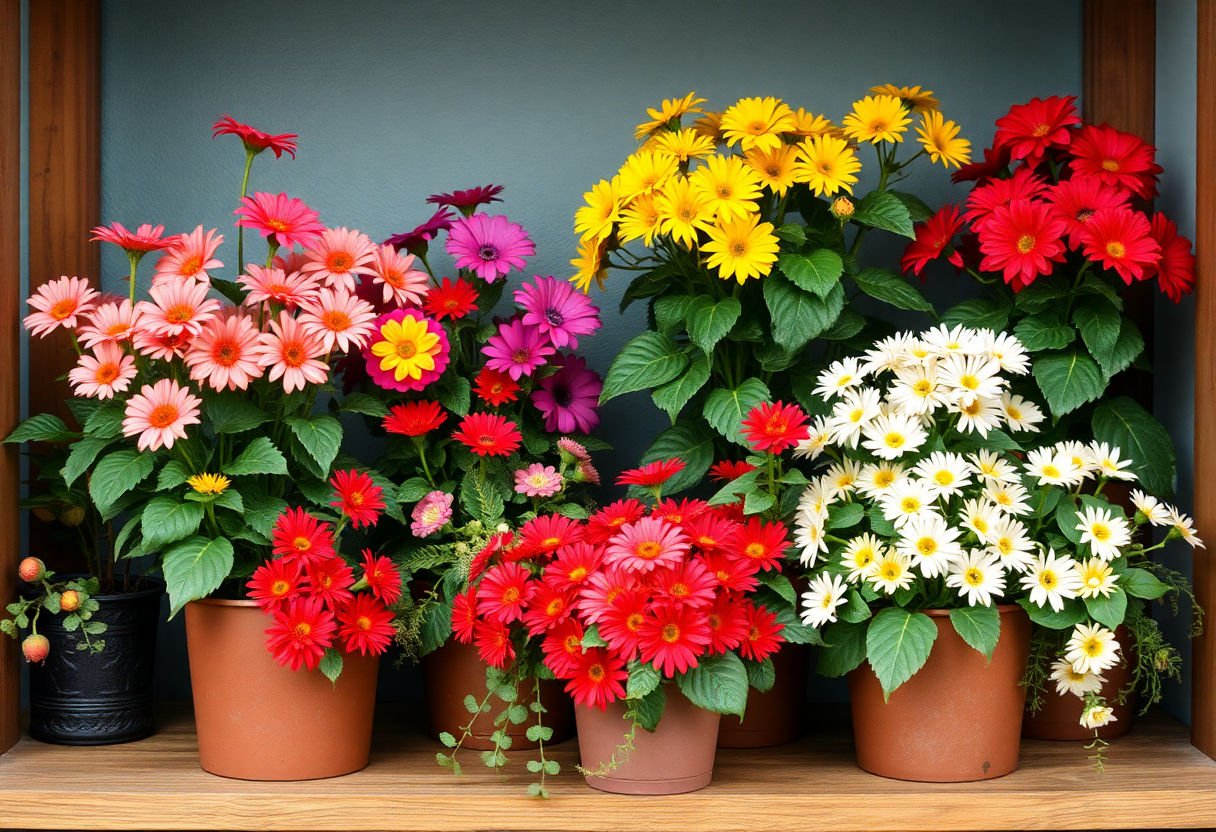 Plantas con flores de colores en estantería