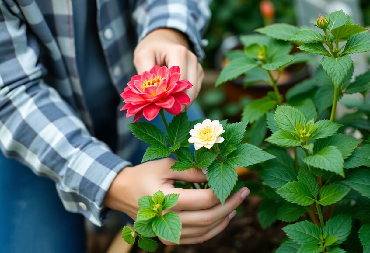 Persona cuidando una planta en flor