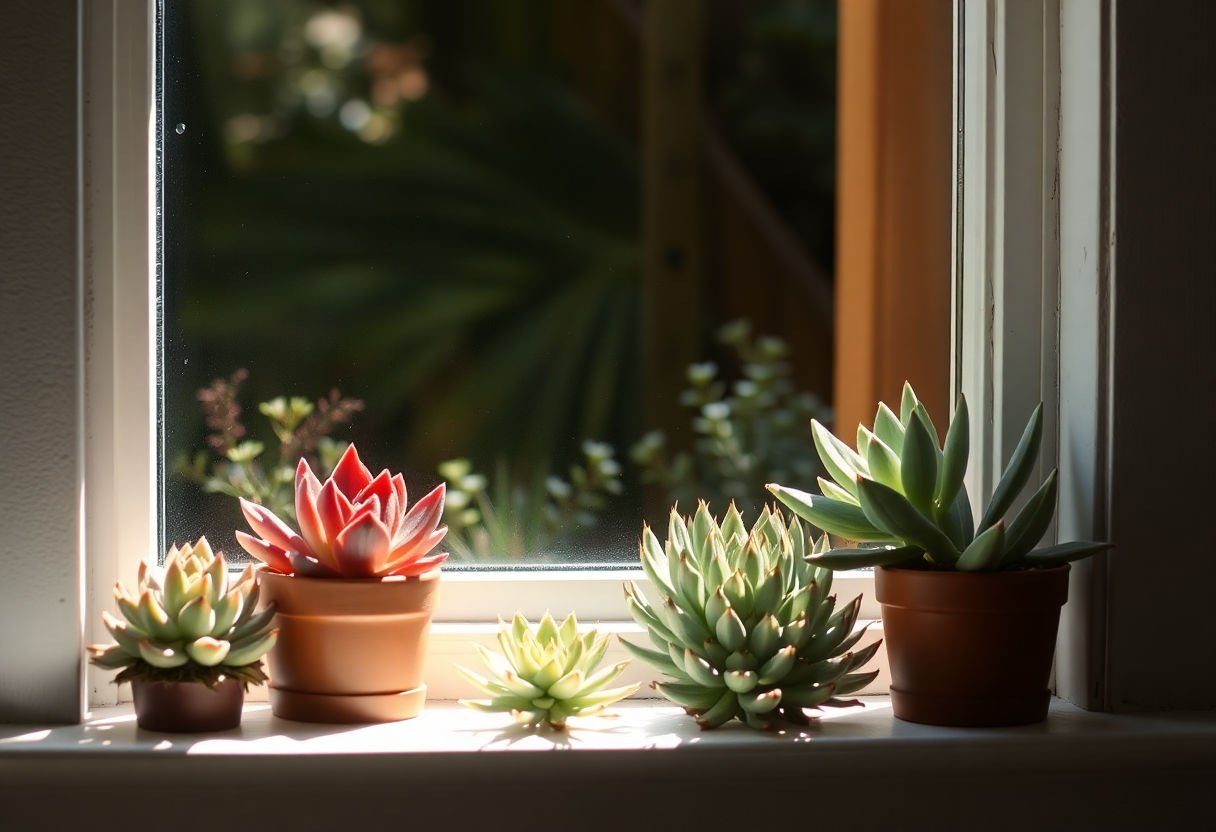 Suculentas disfrutando de la luz solar en una ventana.