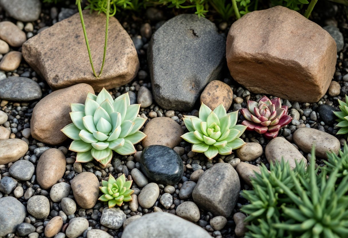 Jardín creativo con suculentas y piedras