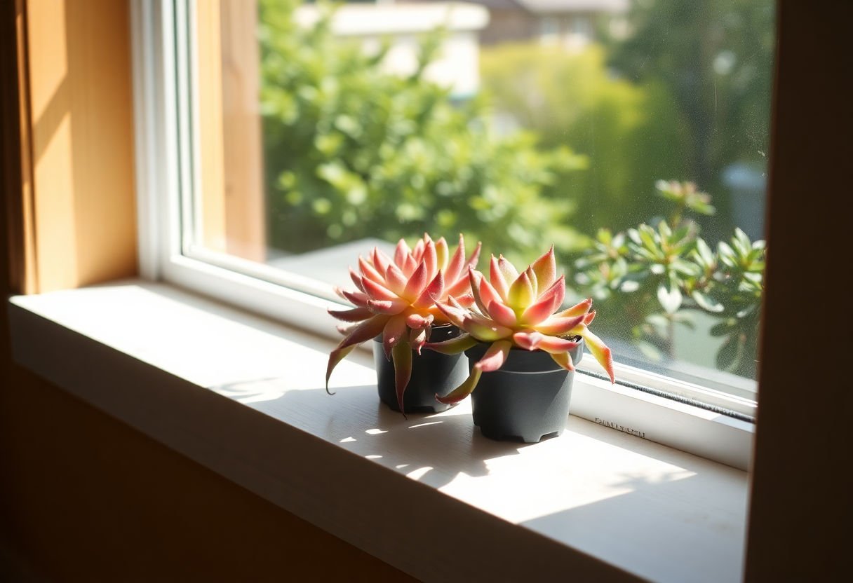 Suculenta en el alféizar de una ventana soleada