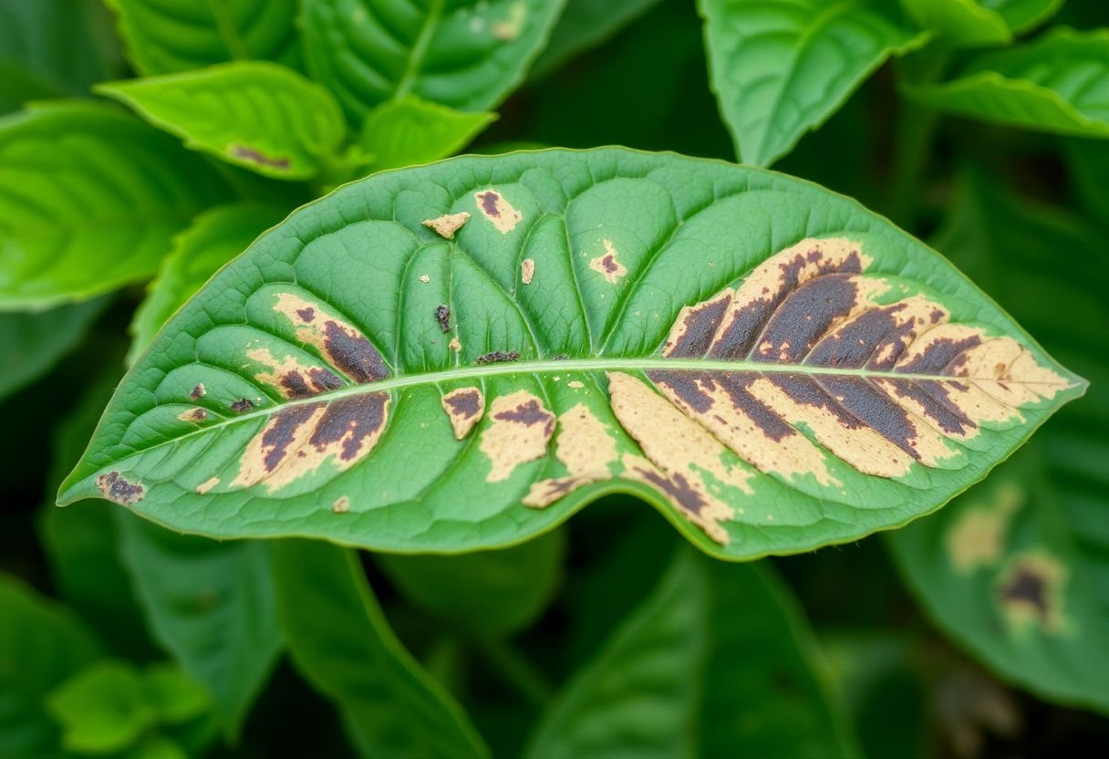 Hoja de planta con signos de enfermedad