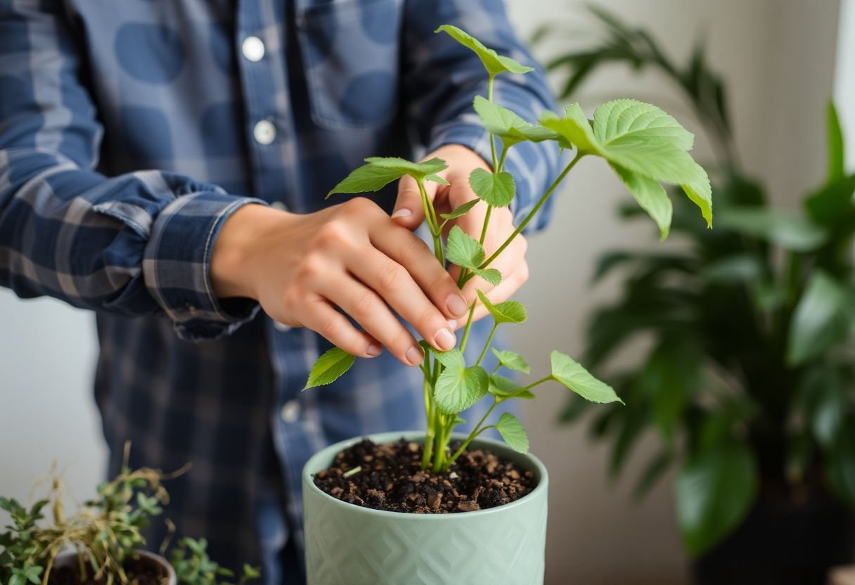 Persona trasplantando una planta de interior