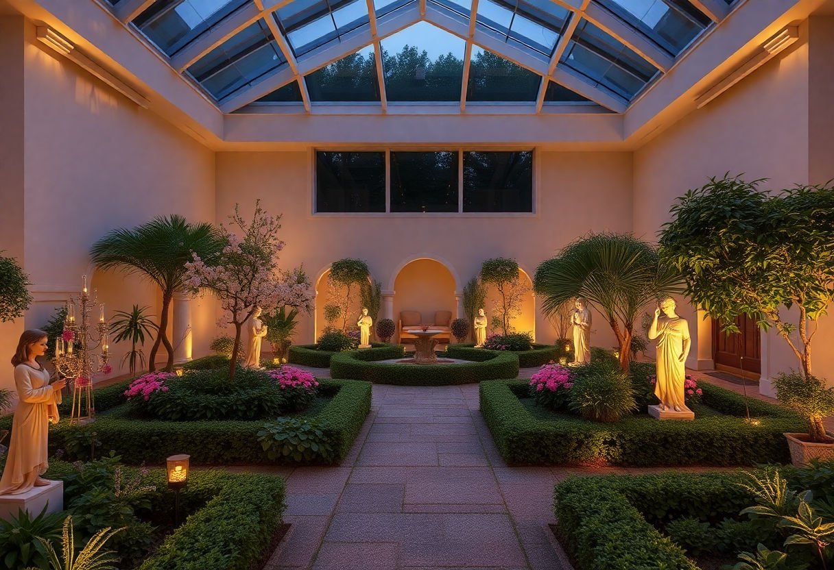 Jardines interiores con luces y figuras