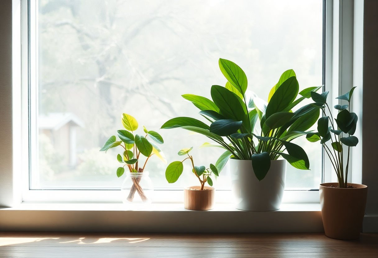 Plantas de interior cerca de una ventana