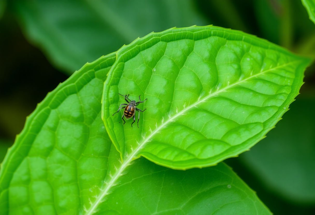 Hoja de planta con signos de plaga bajo análisis.