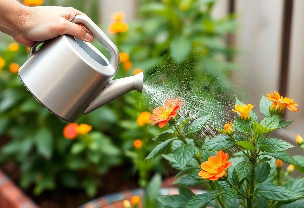 Regadera de mano rociando agua sobre una planta en flor.