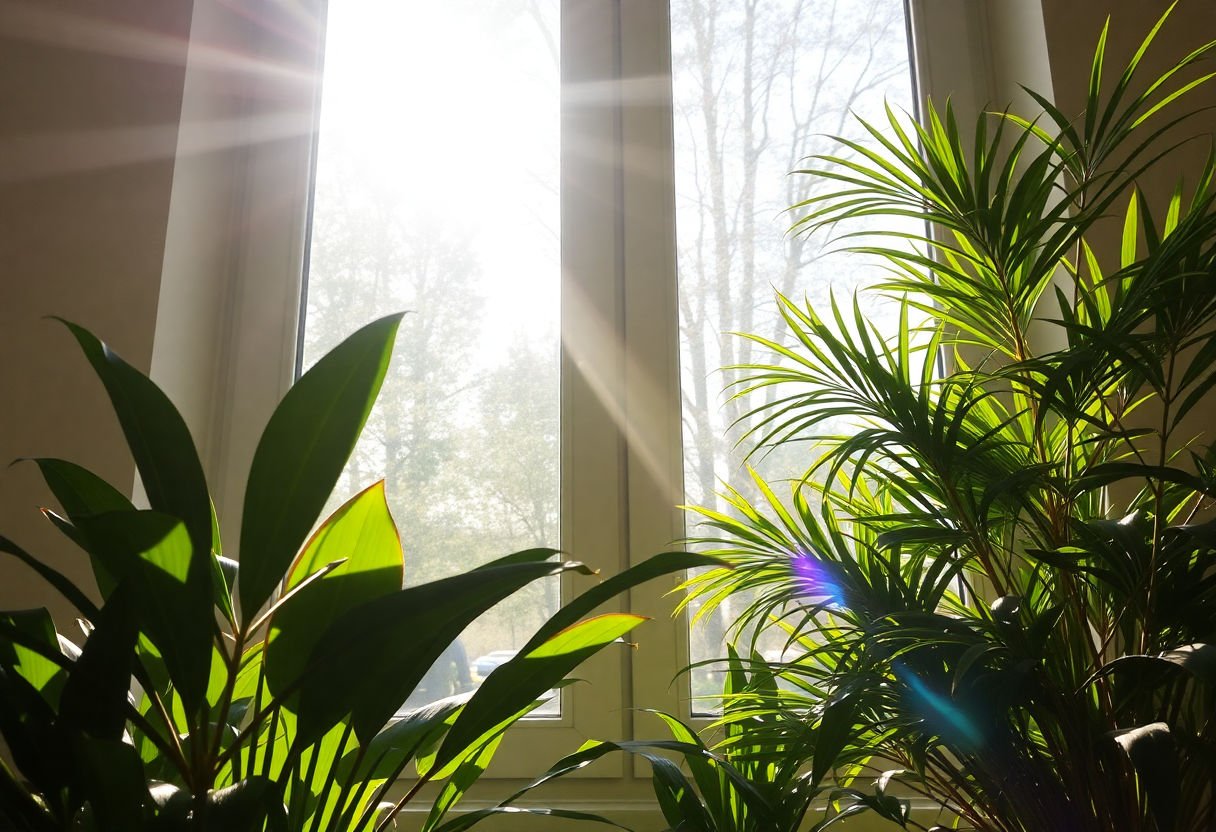 Rayos de sol entrando por una ventana iluminando plantas de interior.