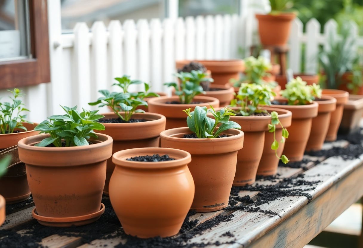 Macetas de terracota en una mesa de jardinería.