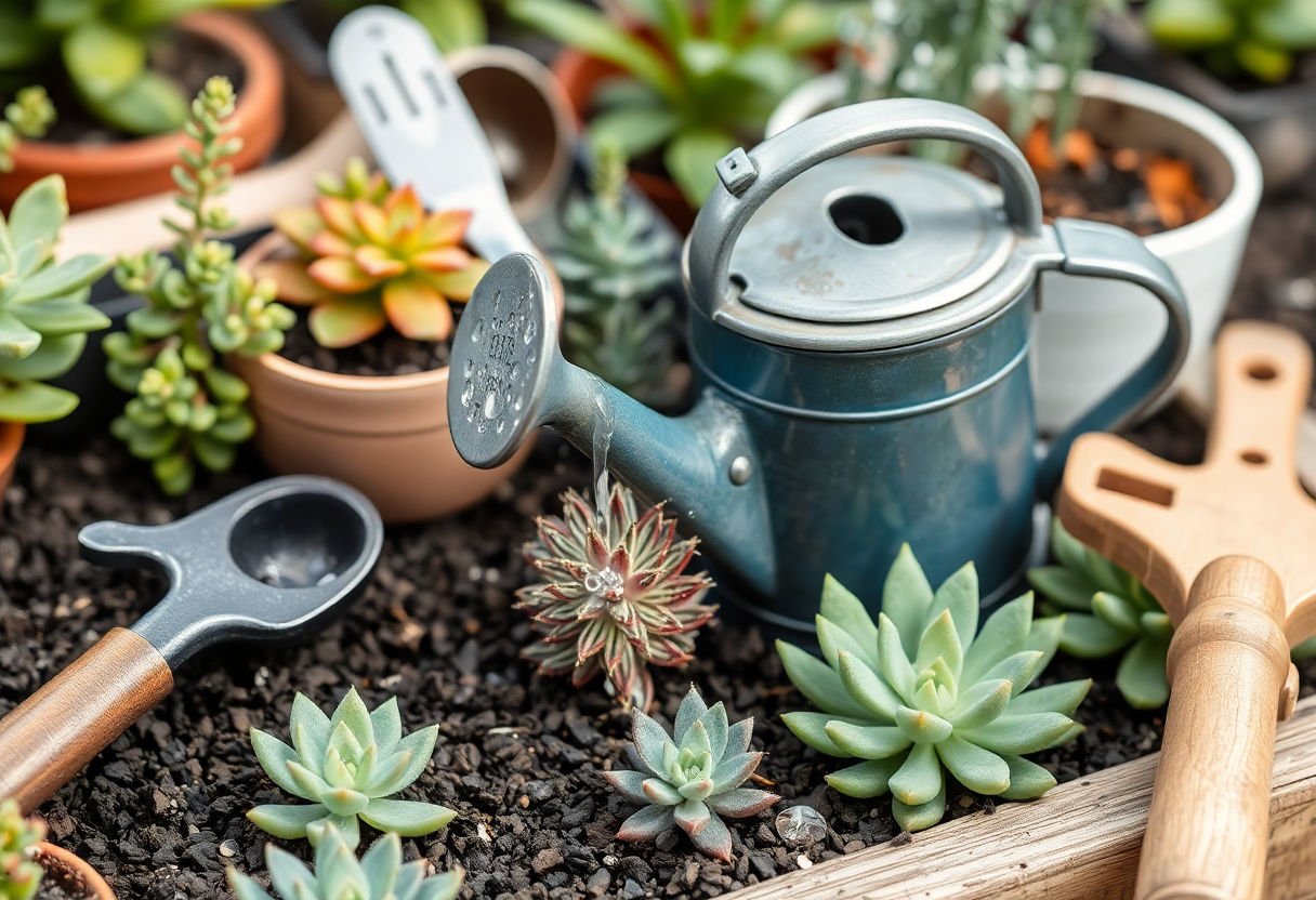 Regadera y utensilios de jardinería cerca de suculentas