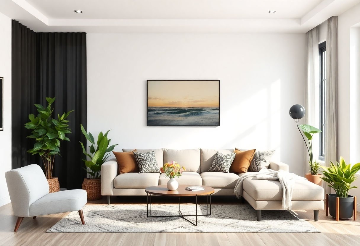 Sala de estar con plantas bien ubicadas