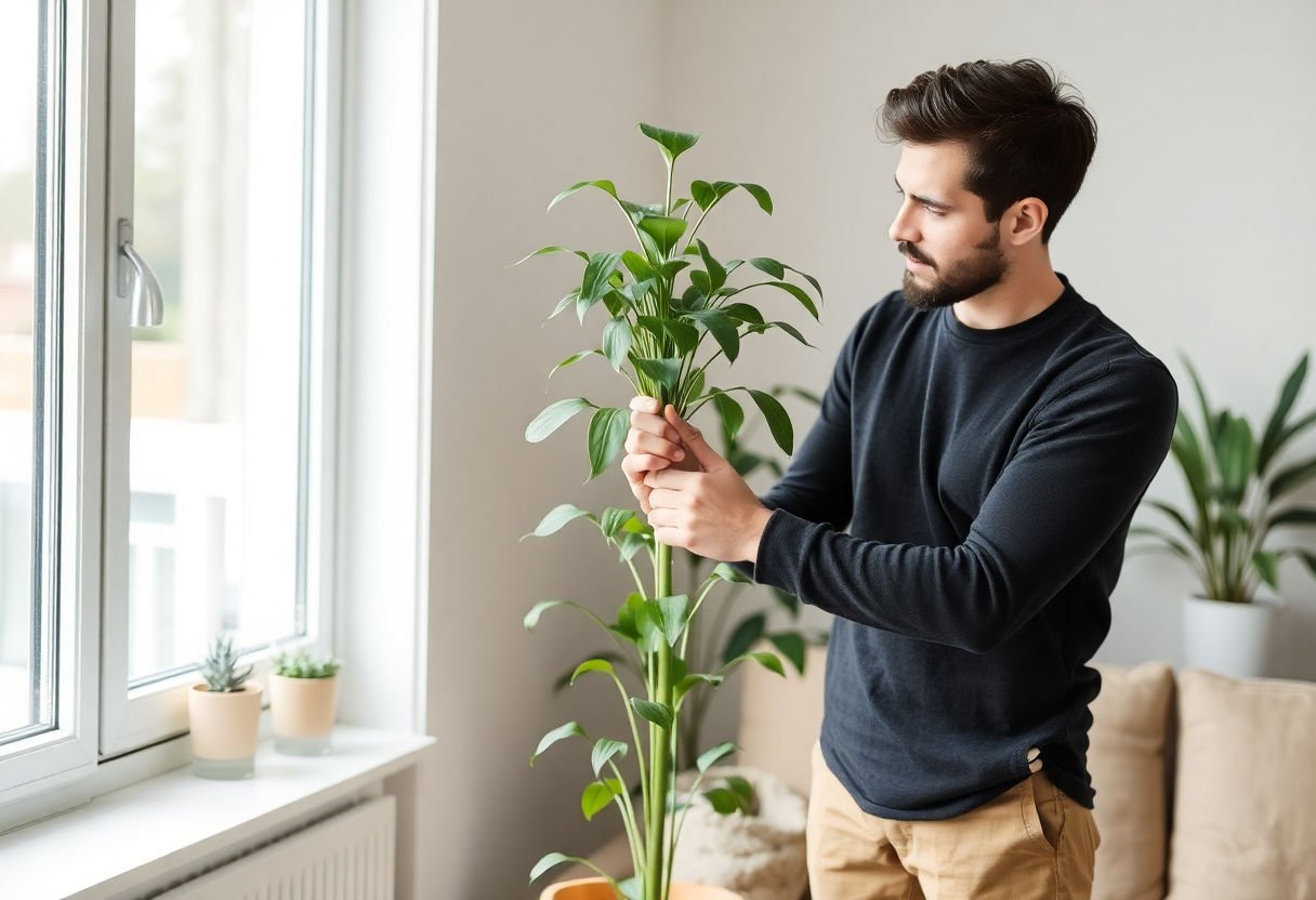 Persona cuidando una planta alta en casa
