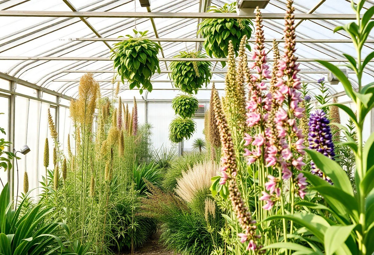 Variedad de plantas altas en un invernadero