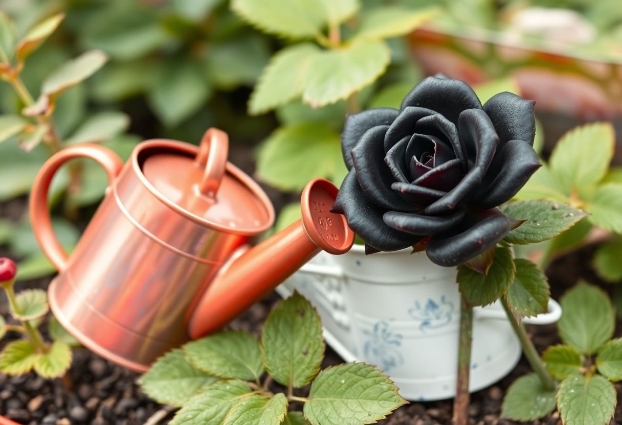 Regadera y suculenta rosa negra